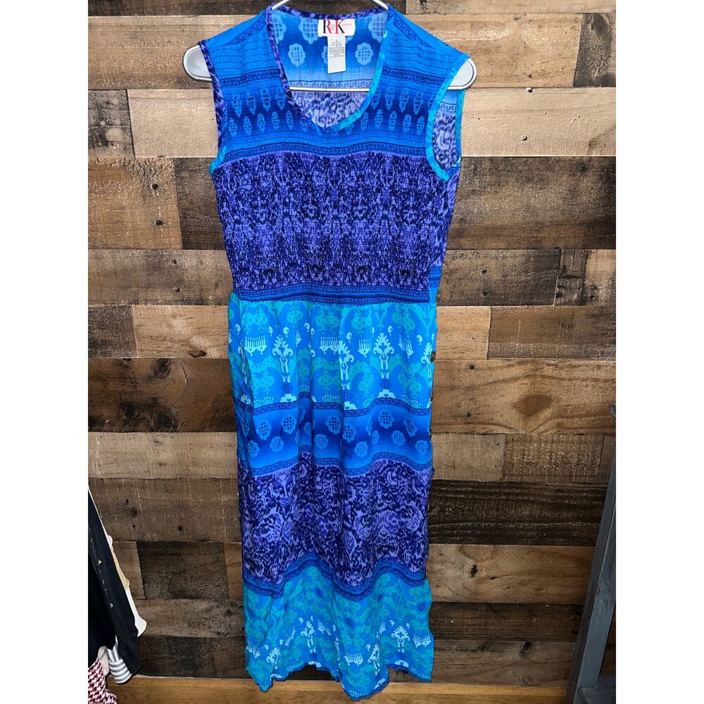 R&K Originals Size 10 Sleeveless Smocked Waist Midi Dress Blue Patterned